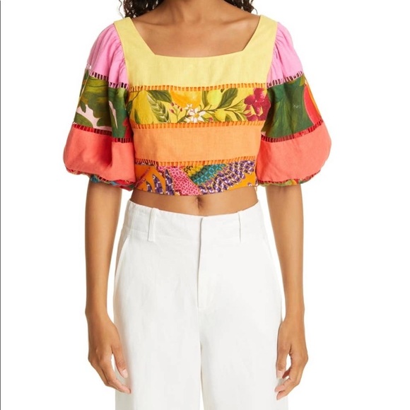 FARM Rio Tops - FARM Rio Rainbow Mixed Print Linen Cropped Top